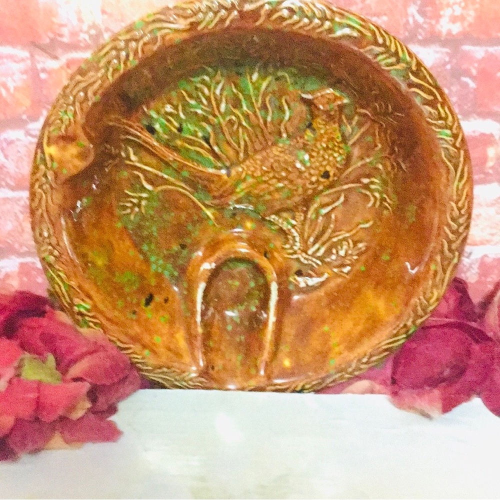 Vintage MCM Glazed Ceramic Brown and Green Fasan Pheasant Ashtray Pipe Holder